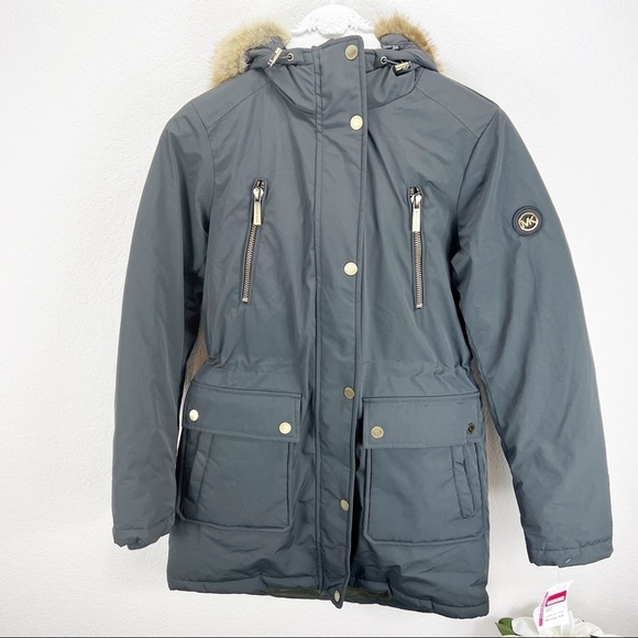 MICHAEL KORS Gunmetal Down Puffer Faux Fur Trim Hood Anorak Jacket Size XS NWT - Picture 2 of 11